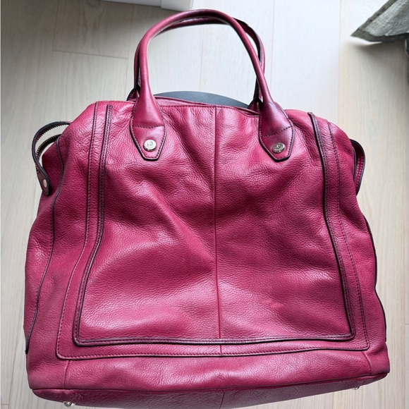 B Makowsky Red Pebble Leather Top Handled Bucket Bag, Animal print lining - Picture 12 of 13